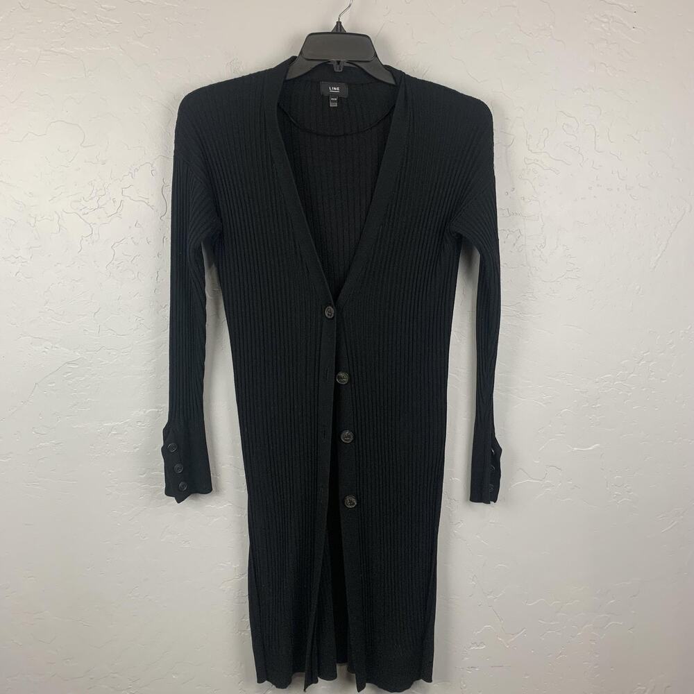 LINE Cardigan Sweater Womens XS Black Long Ribbed Button Front Knit Duster